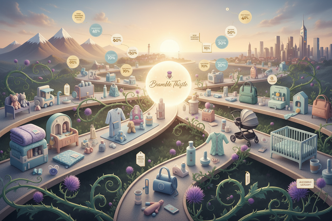 think discounted items, baby items, with brand name bramble thistle - however this isnt just about those products it about the begining and the various avenues avalible to us as a brand but also to our customers